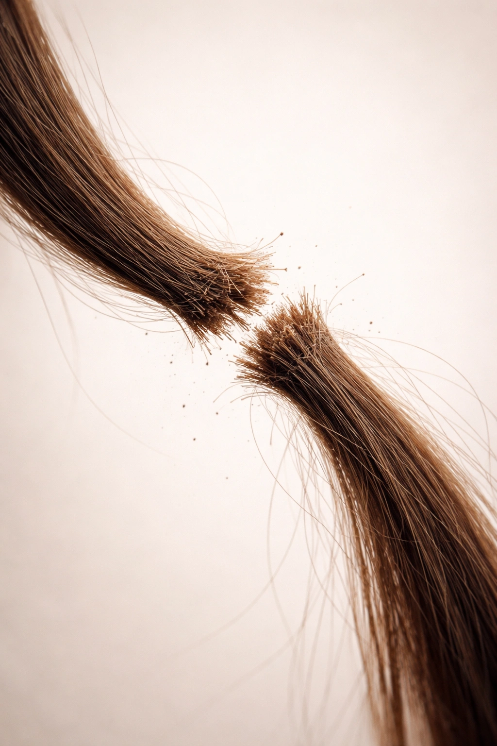 Hair strand with a mid-length break showing damage