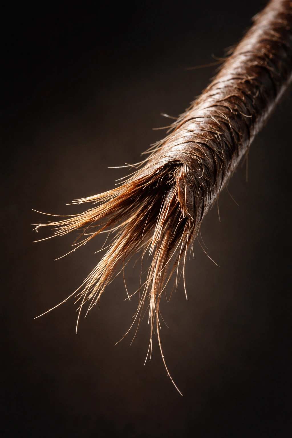 Close-up of a damaged hair strand showing split ends and rough cuticle, illustrating breakage