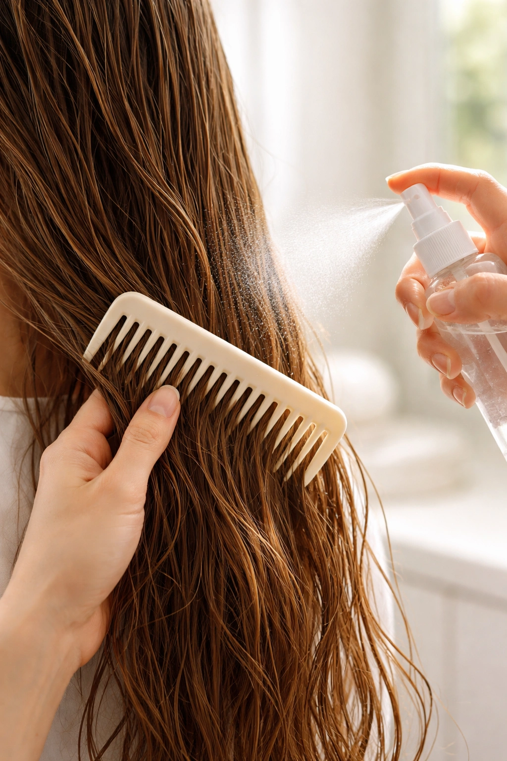 Close-up of damp hair being detangled with a wide-tooth comb to prevent breakage