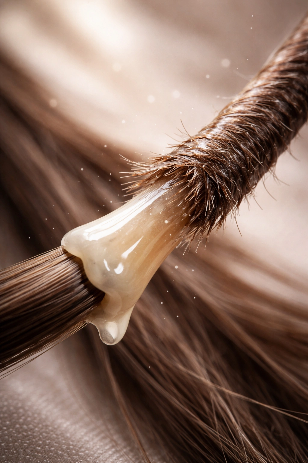Damaged hair shaft with conditioner coating in a controlled studio.