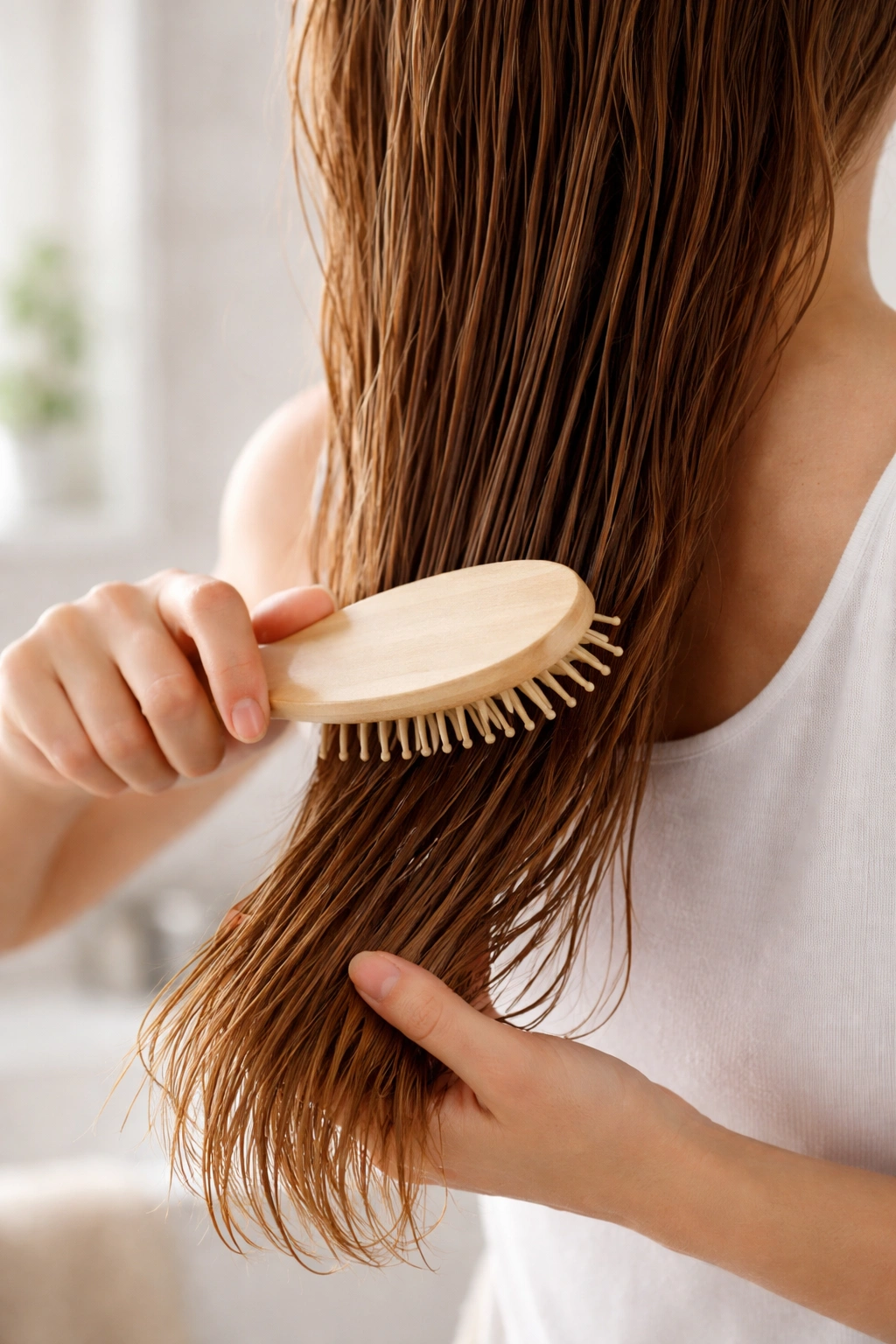 Hand detangling hair from the ends toward the roots with a brush to show proper technique.