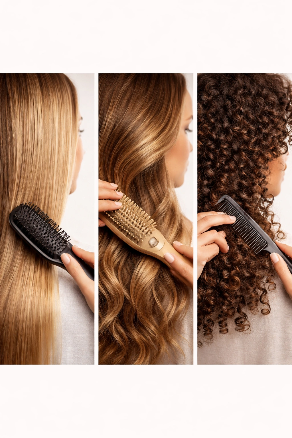Close-up triptych of straight, wavy, and curly hair textures being brushed in a studio