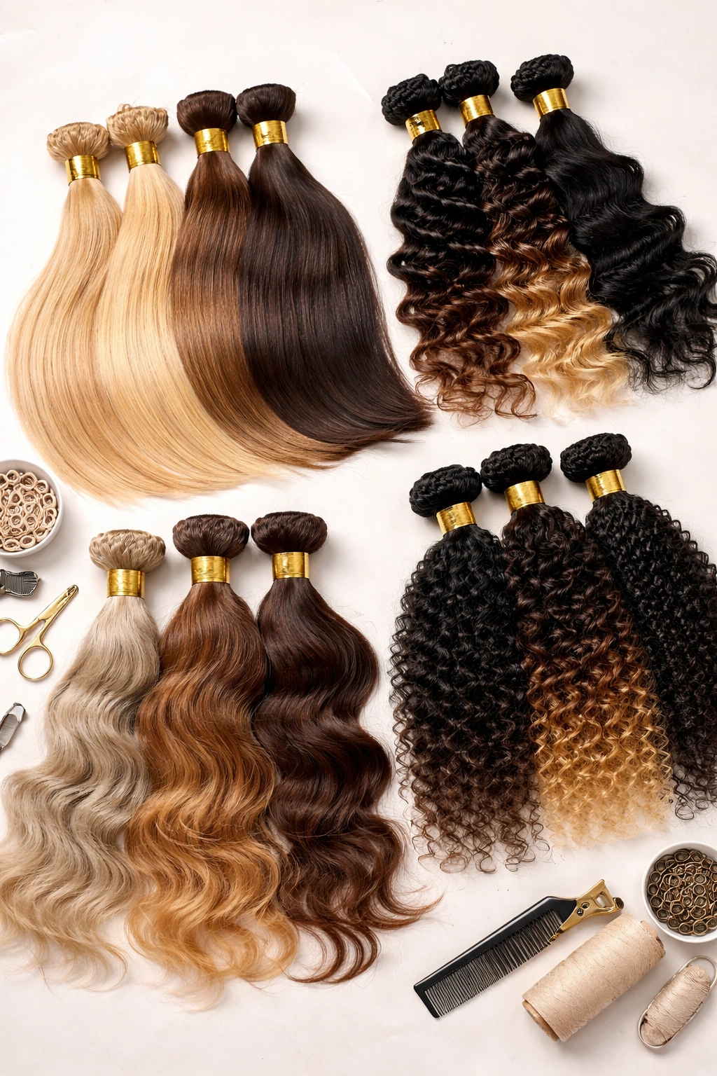 Stacks of hair bundles in different colors and textures laid out neatly