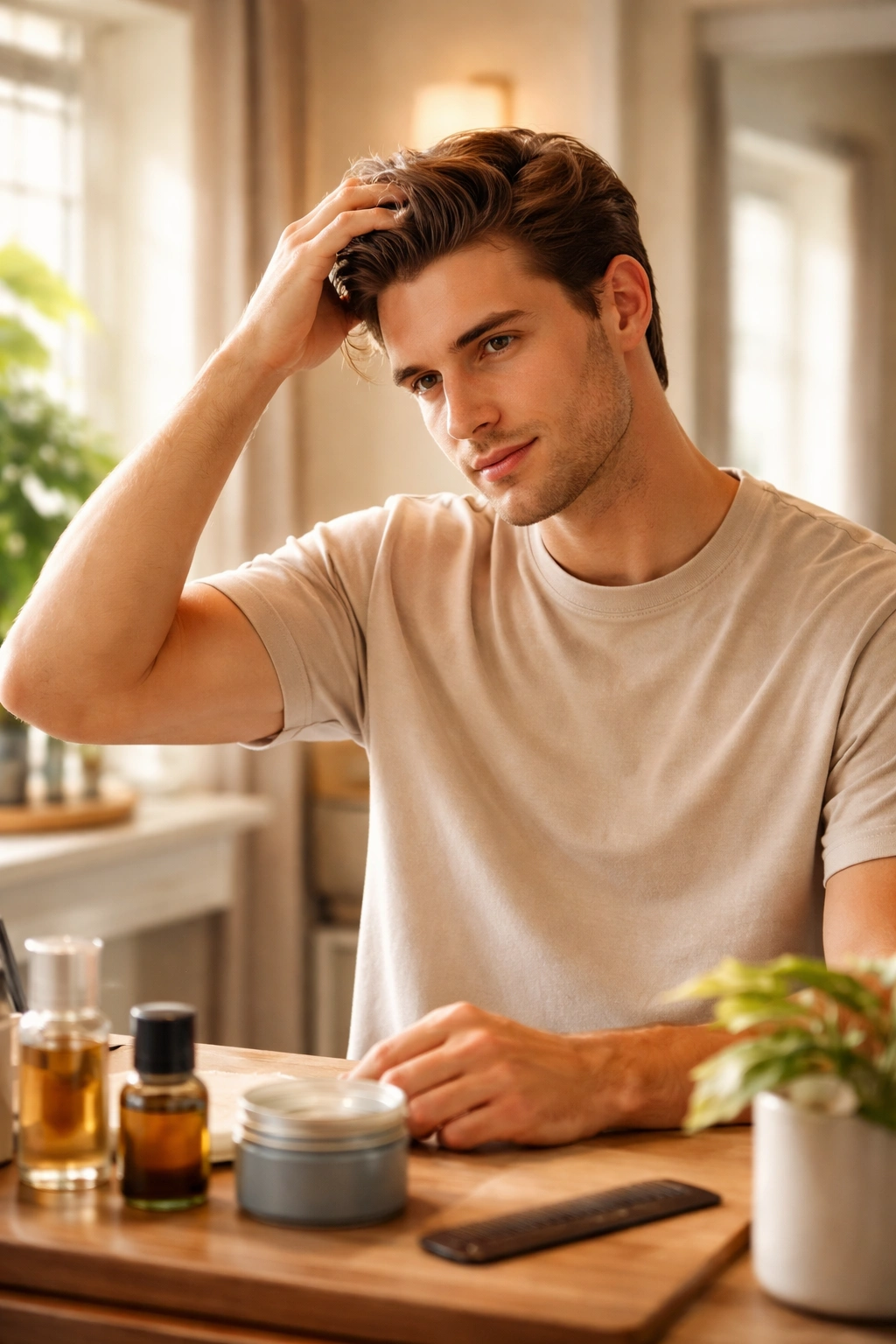 Calm portrait showing balanced hair care during styling