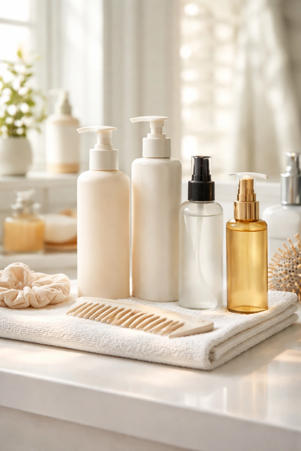 Unlabeled hair care bottles on a clean vanity for styling
