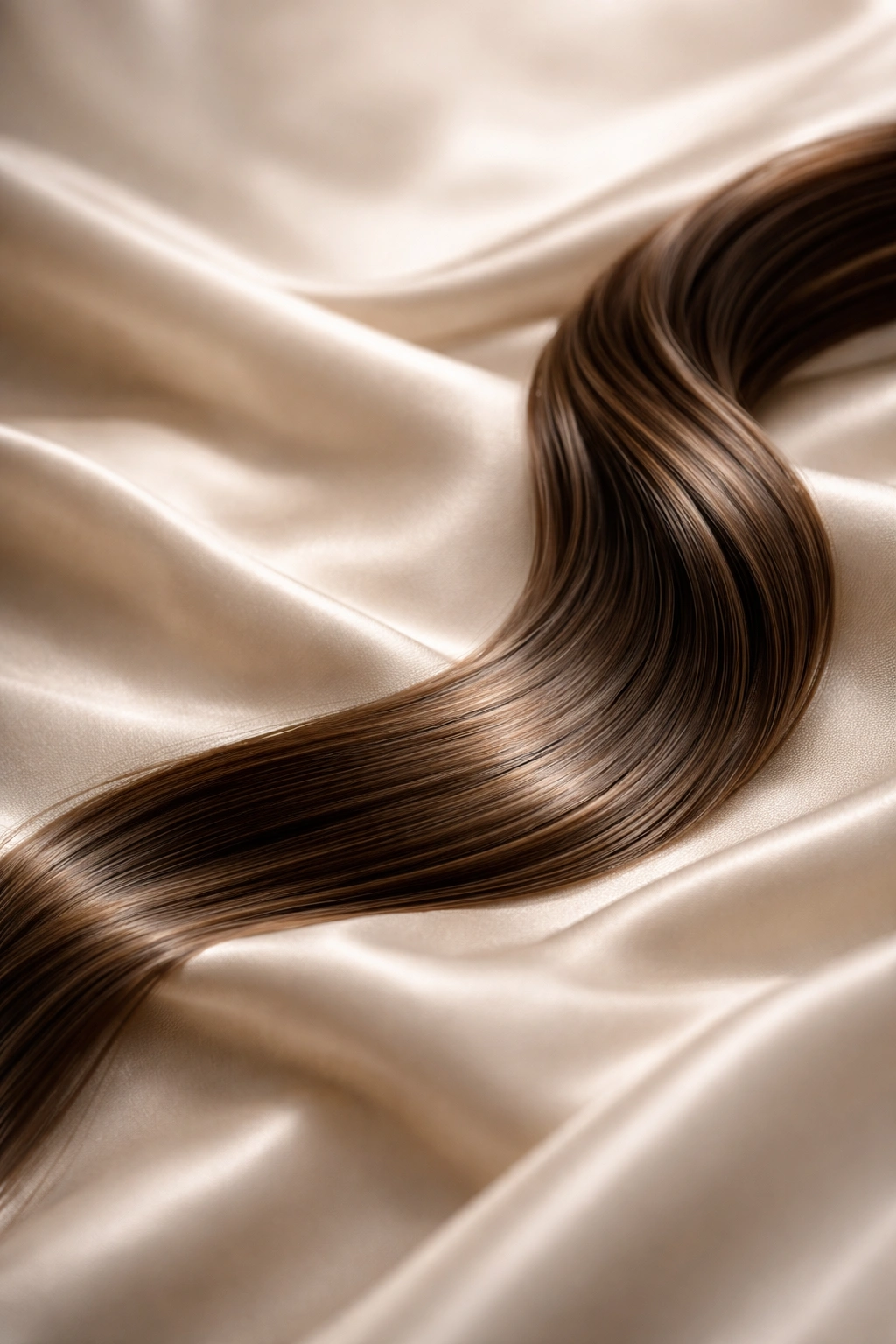 Glossy hair strand on silk fabric suggesting between-appointment care