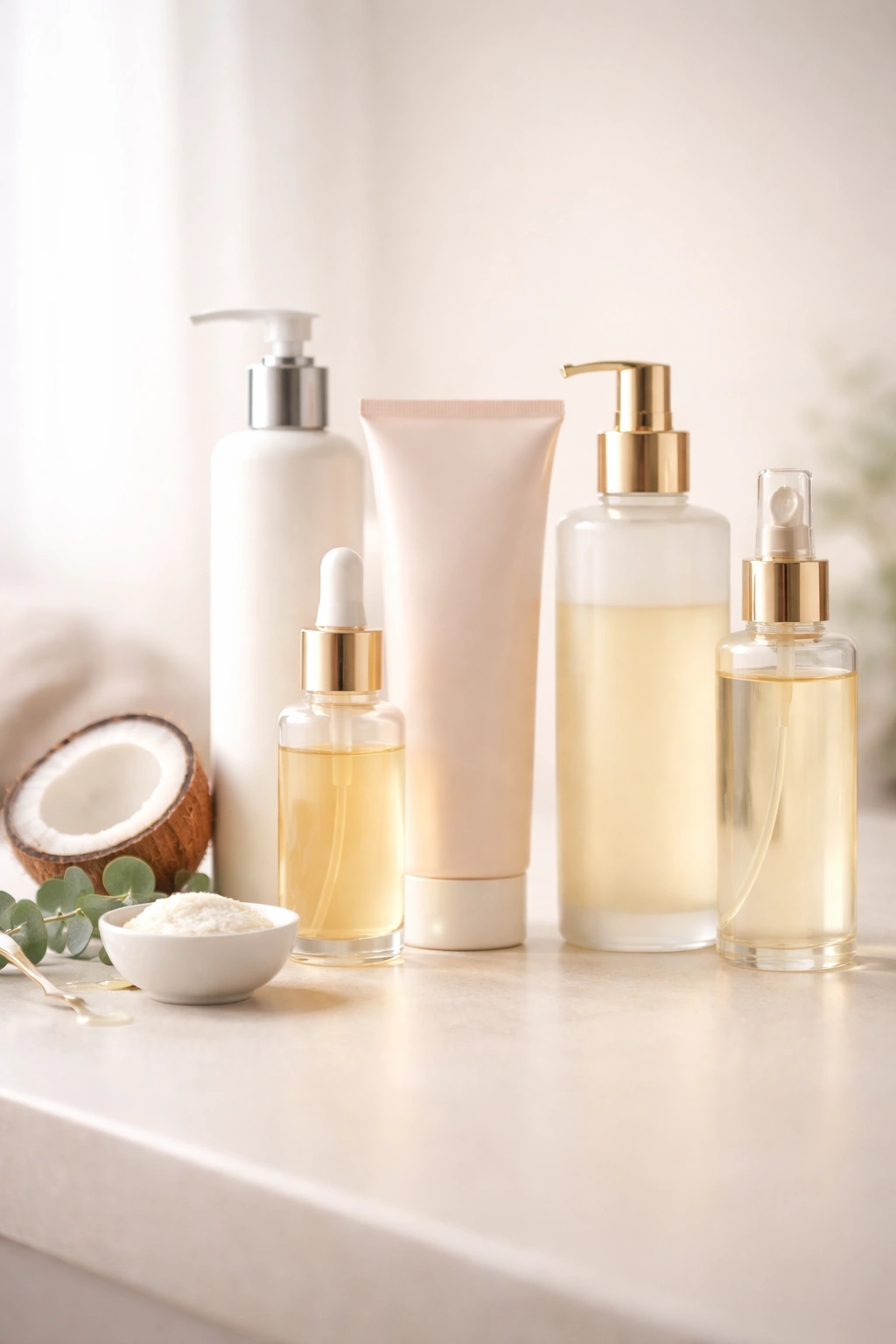 Unlabelled moisturizing hair care bottles on a clean surface, representing the right products for static-prone hair.