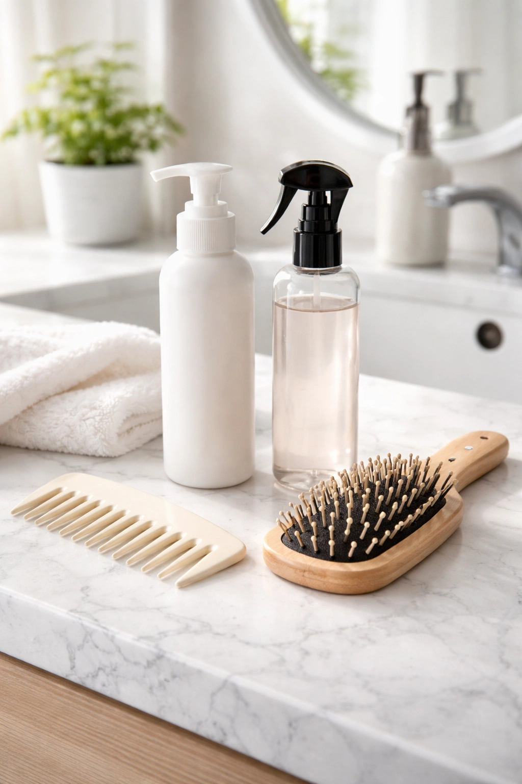 Bathroom counter with leave-in conditioner, heat protectant, comb, and brush