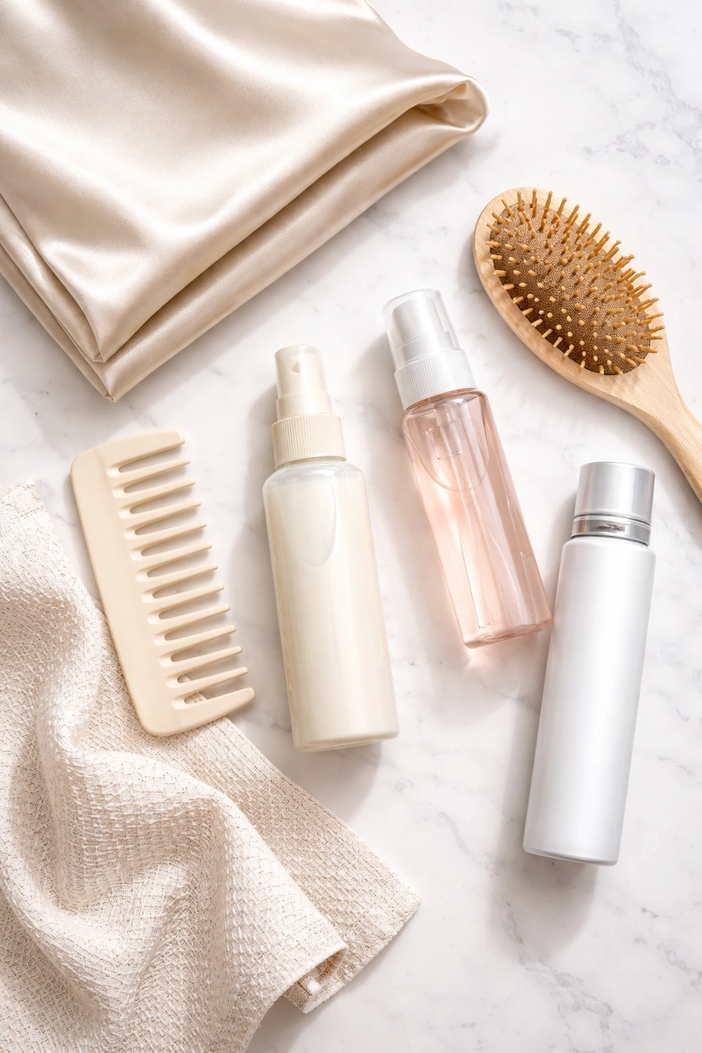 Unlabeled hair care products and tools arranged for easy school-morning styling
