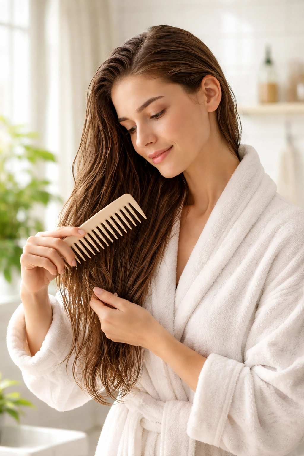 Person detangling damp hair with wide-tooth comb in bright bathroom