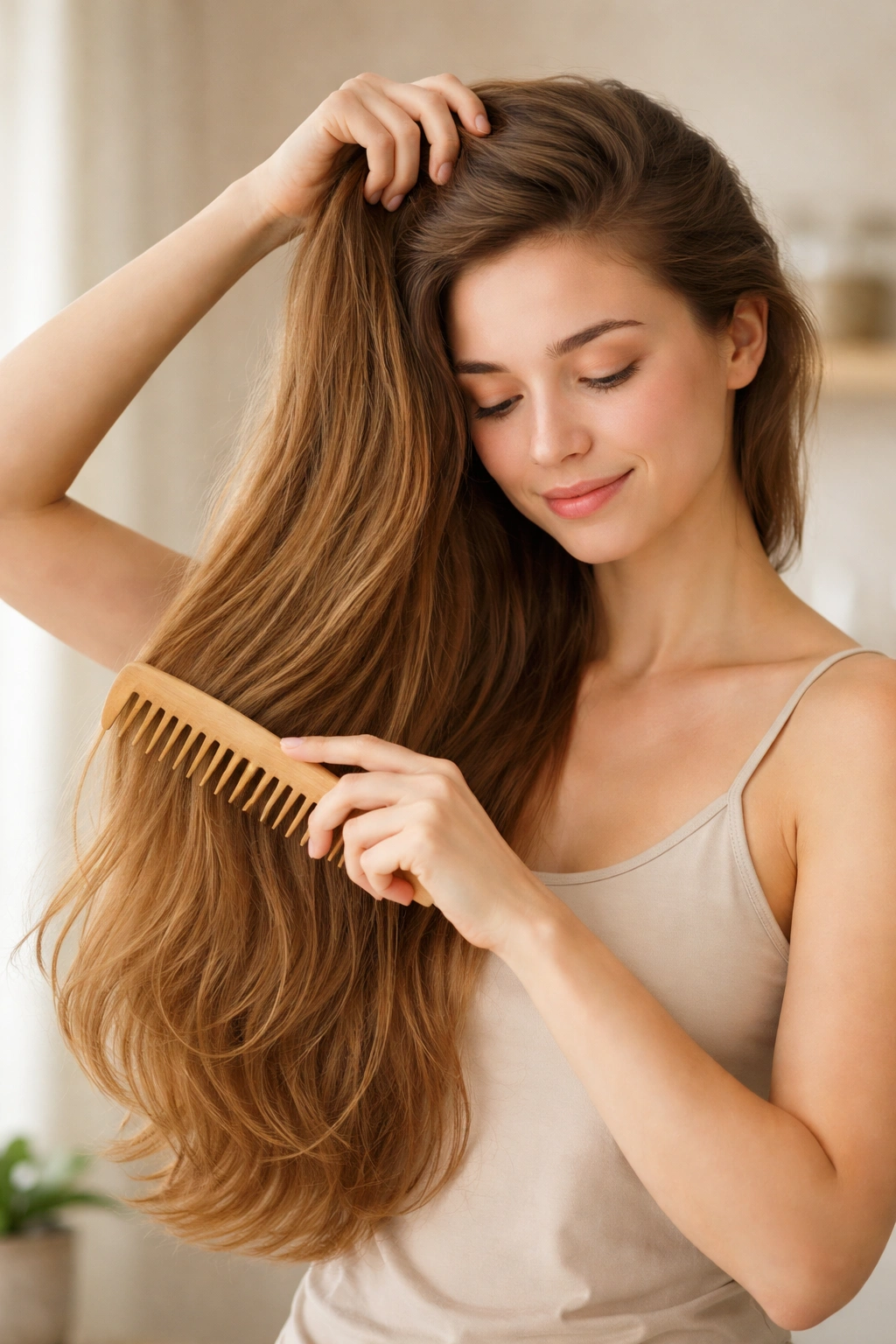 Person detangling long hair with wide-tooth comb