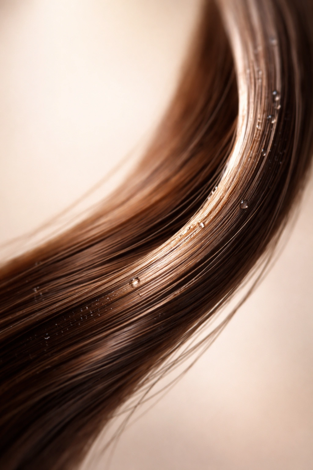 Single hair strand with moisture sheen on neutral background