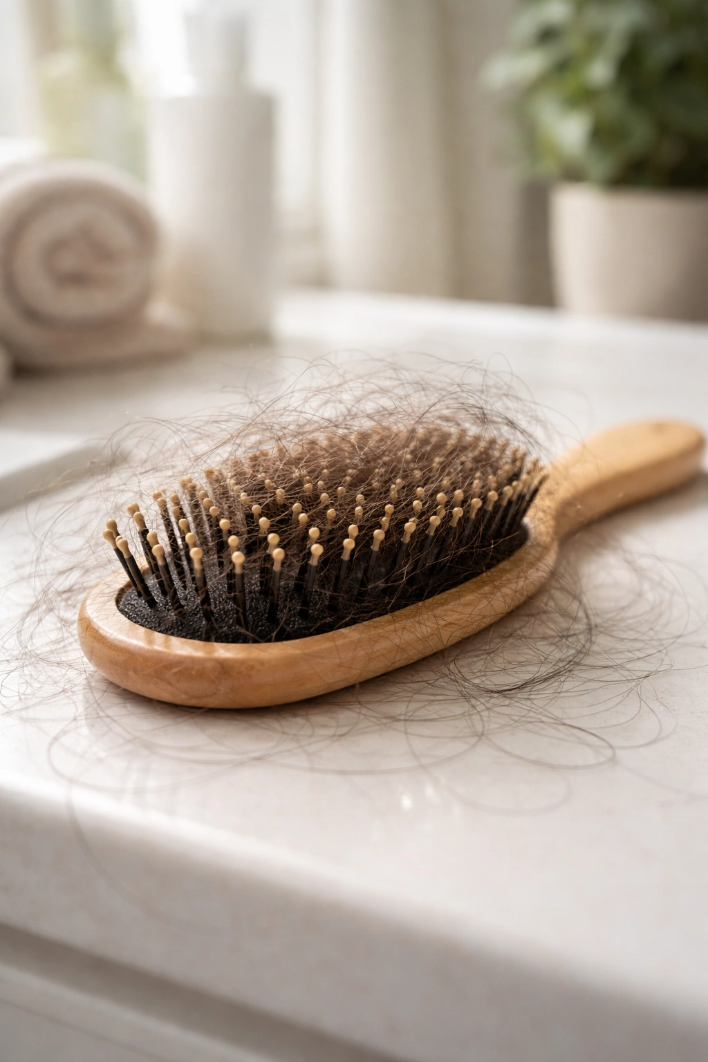 Hairbrush with tangled hairs on bristles, suggesting hair care habits affect shedding