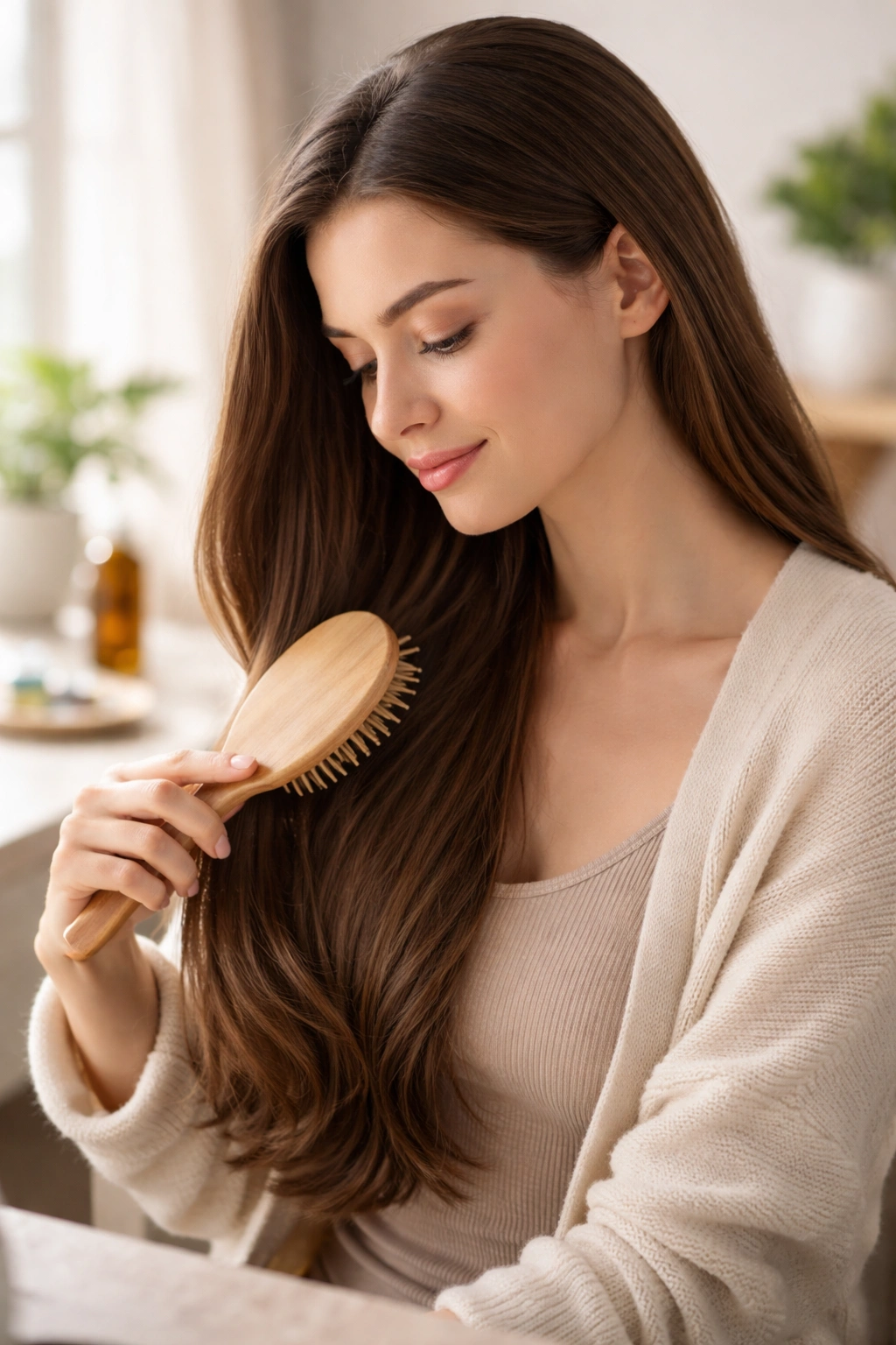 Portrait of a person with healthy hair engaging in gentle grooming in a calm home setting.