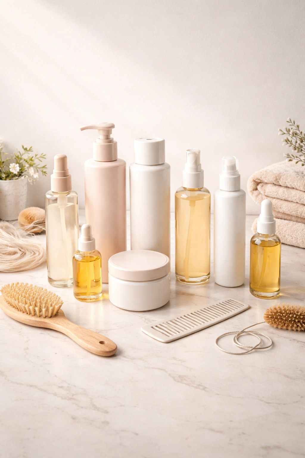 Top-down view of unlabeled hair care bottles arranged in a neat lineup