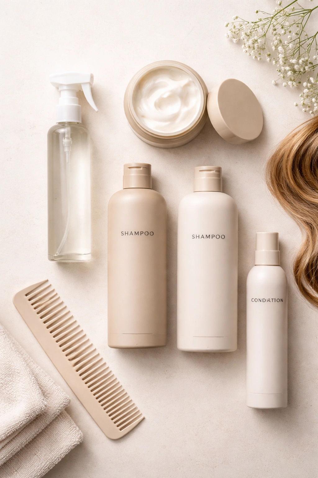 Flat lay of at-home hair care products for maintenance between salon visits.
