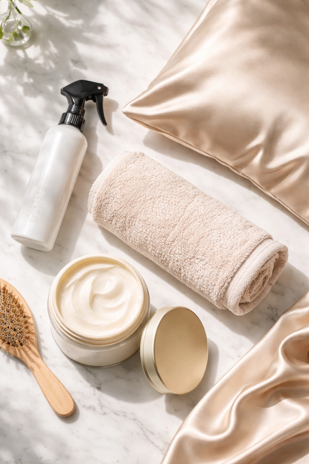 Flat lay of heat protectant spray, microfiber towel, conditioner jar, and silk pillowcase for between-trims hair care