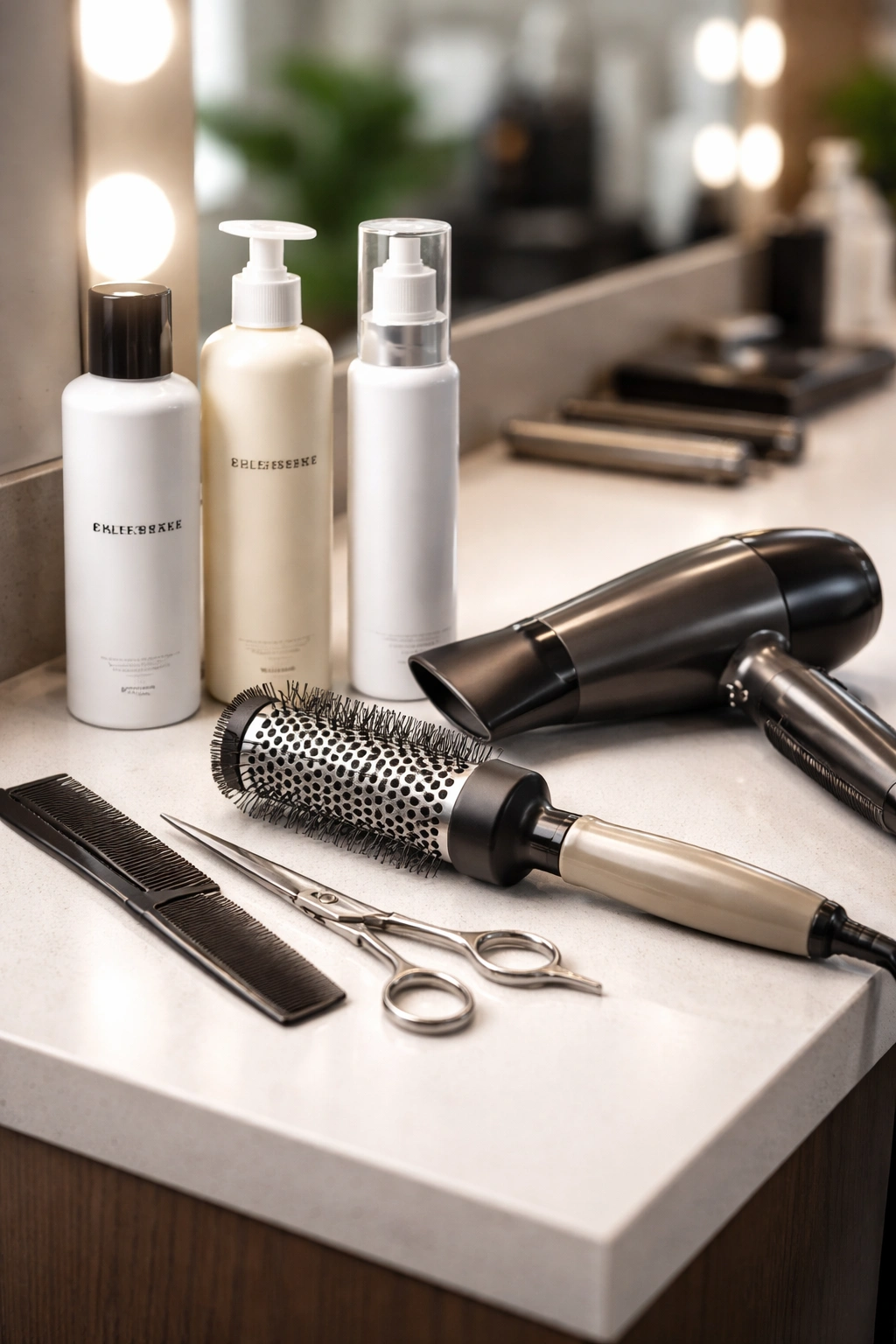 Close-up of organized hair care tools and products on a salon counter, illustrating maintenance and upkeep for chin-length cuts