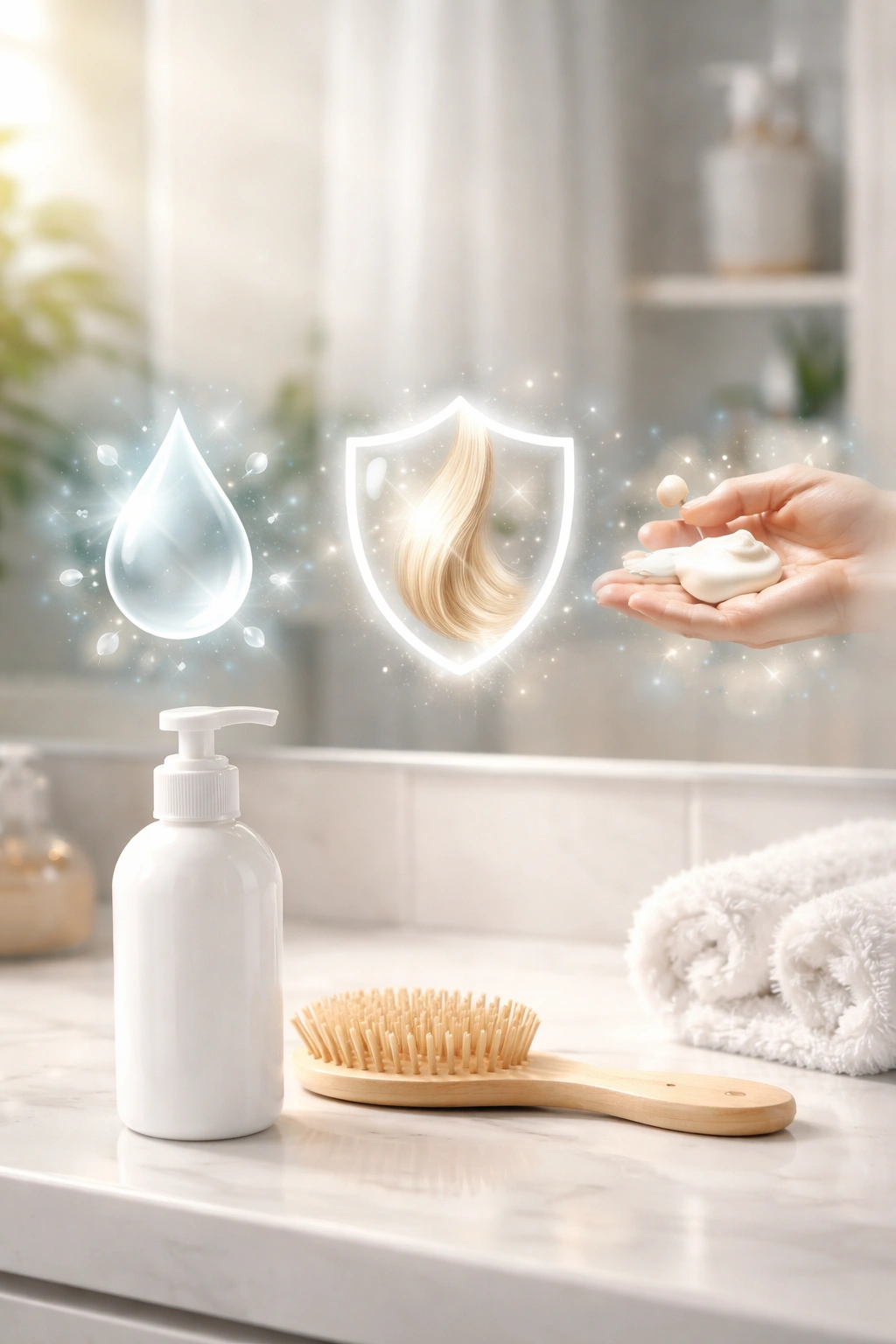 Abstract hair care takeaways with moisture and protection icons in a bathroom scene, no text