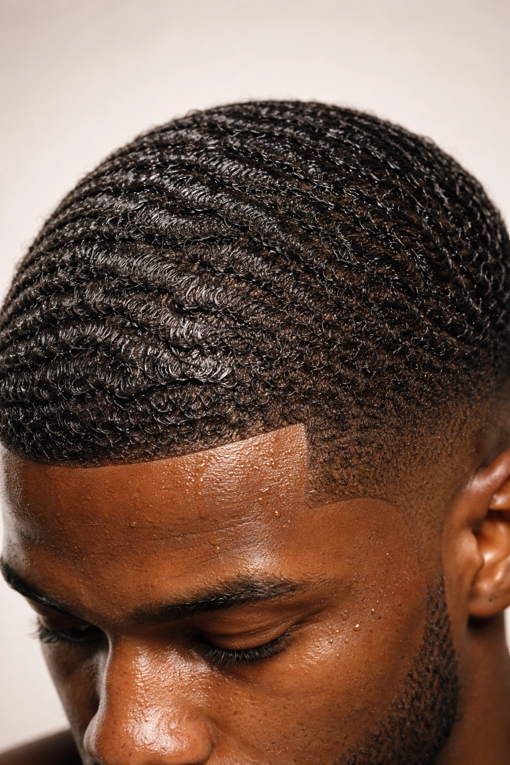 Close-up of moisturized Black hair showing shine and texture in a neutral studio setting