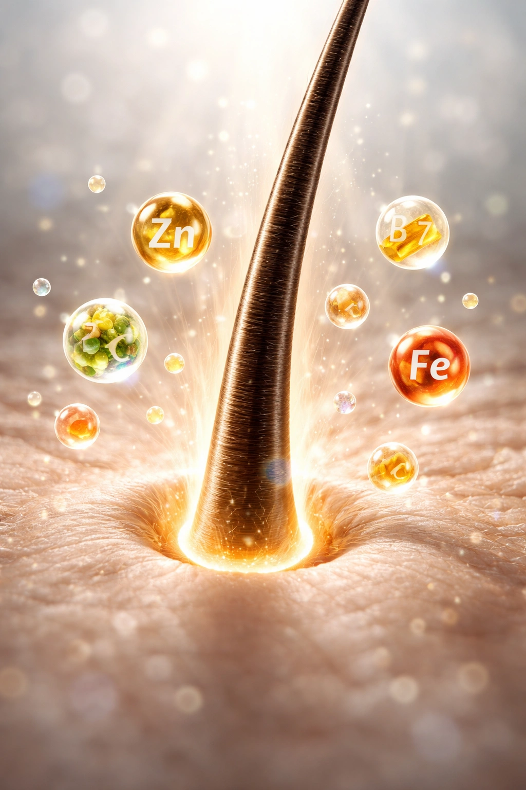 Hair strand with nutrient-like particles around it