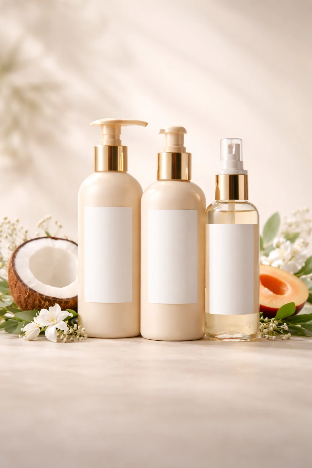 Minimalist display of matching hair care bottles on a neutral backdrop.