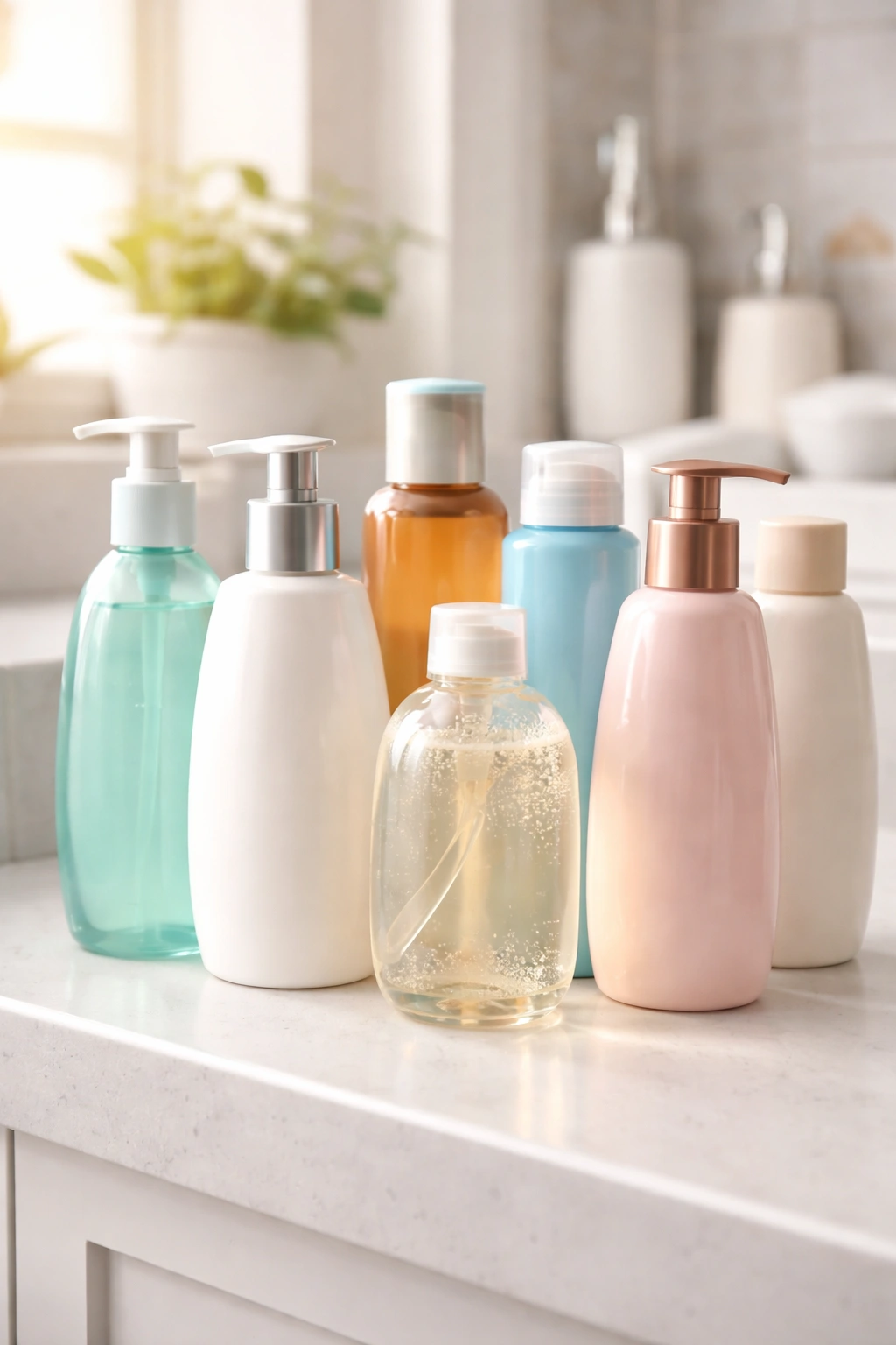 Lineup of hair care bottles on a clean counter showing different product types without labels