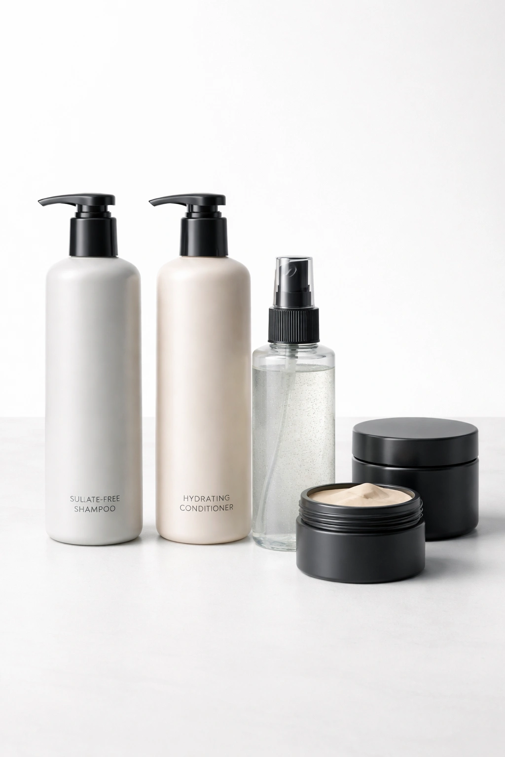Minimalist display of unlabeled hair care bottles and styling products