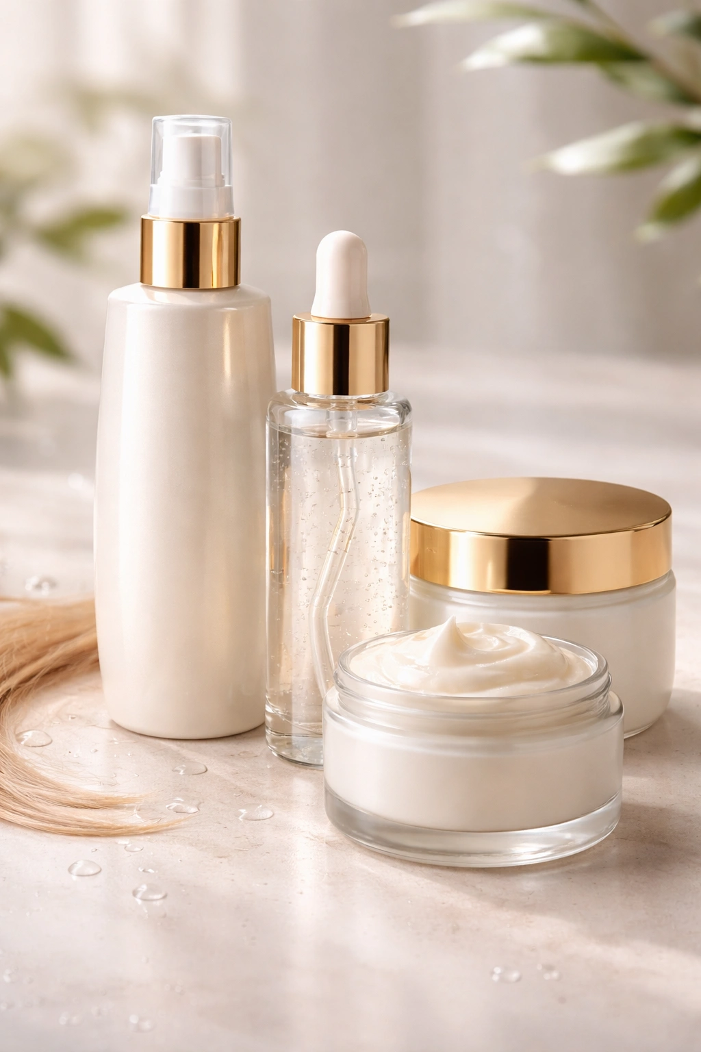 Close-up of generic hair care bottles on a clean surface to illustrate products that help prevent static, no labels visible