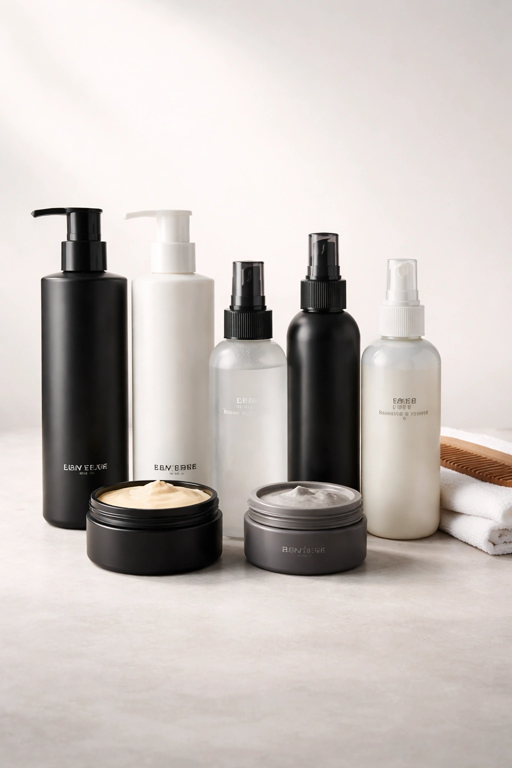 Unbranded styling product lineup for long hair on a clean surface