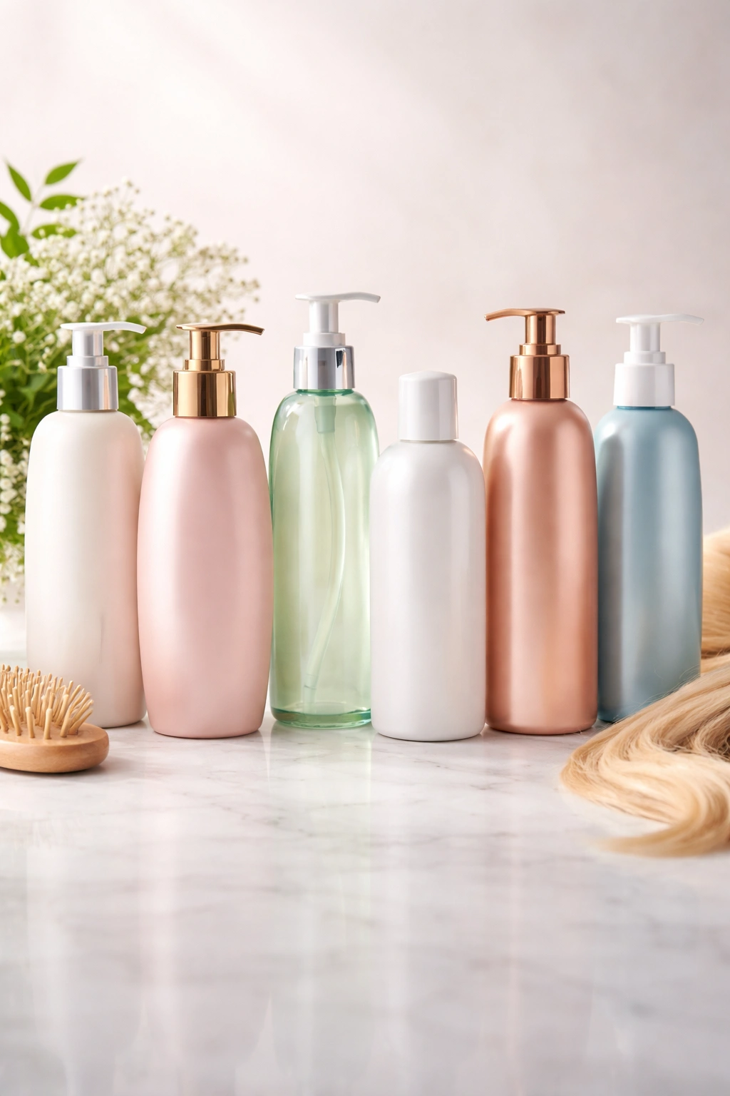 Row of unlabeled shampoo bottles representing volumizing and thickening formulas