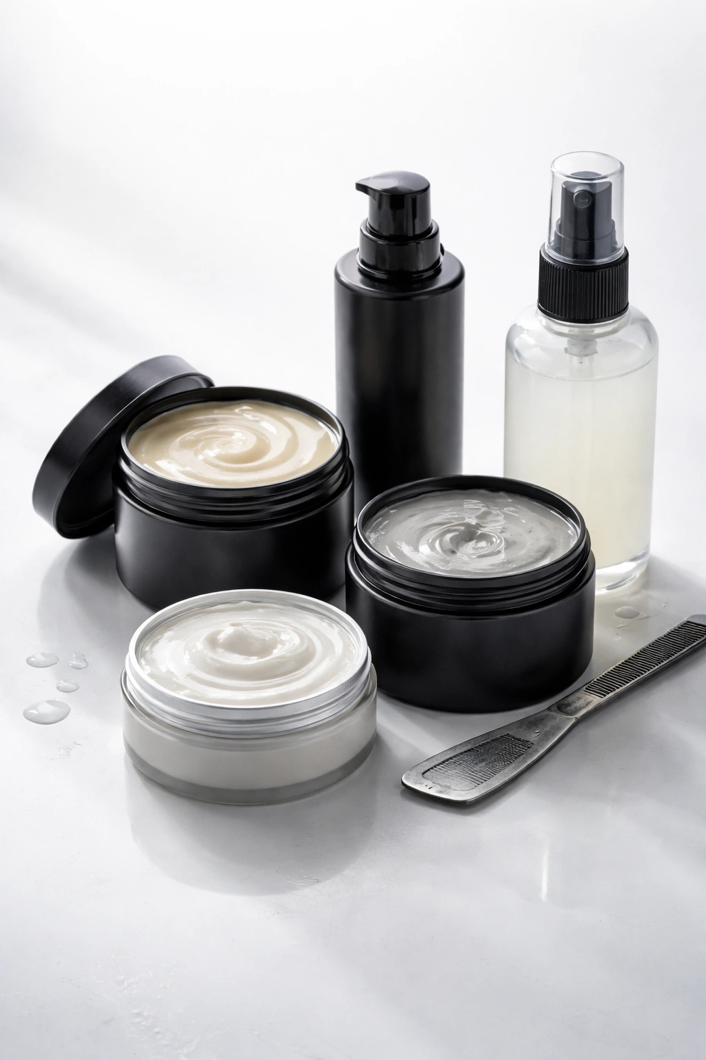 Still life of unlabelled hair care containers representing products for waves and moisture