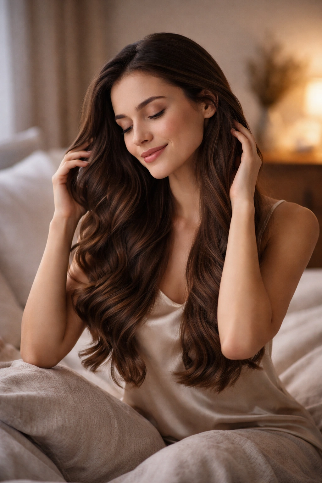 Calm person reflecting on night hair care routine