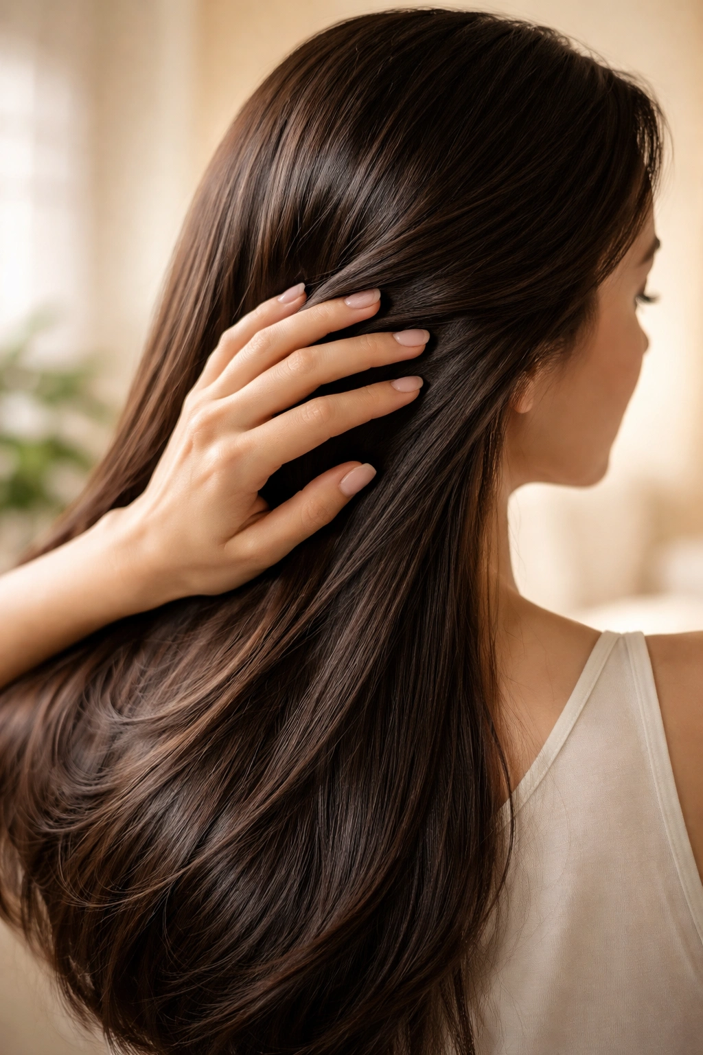 Person caressing healthy, glossy hair in calm setting