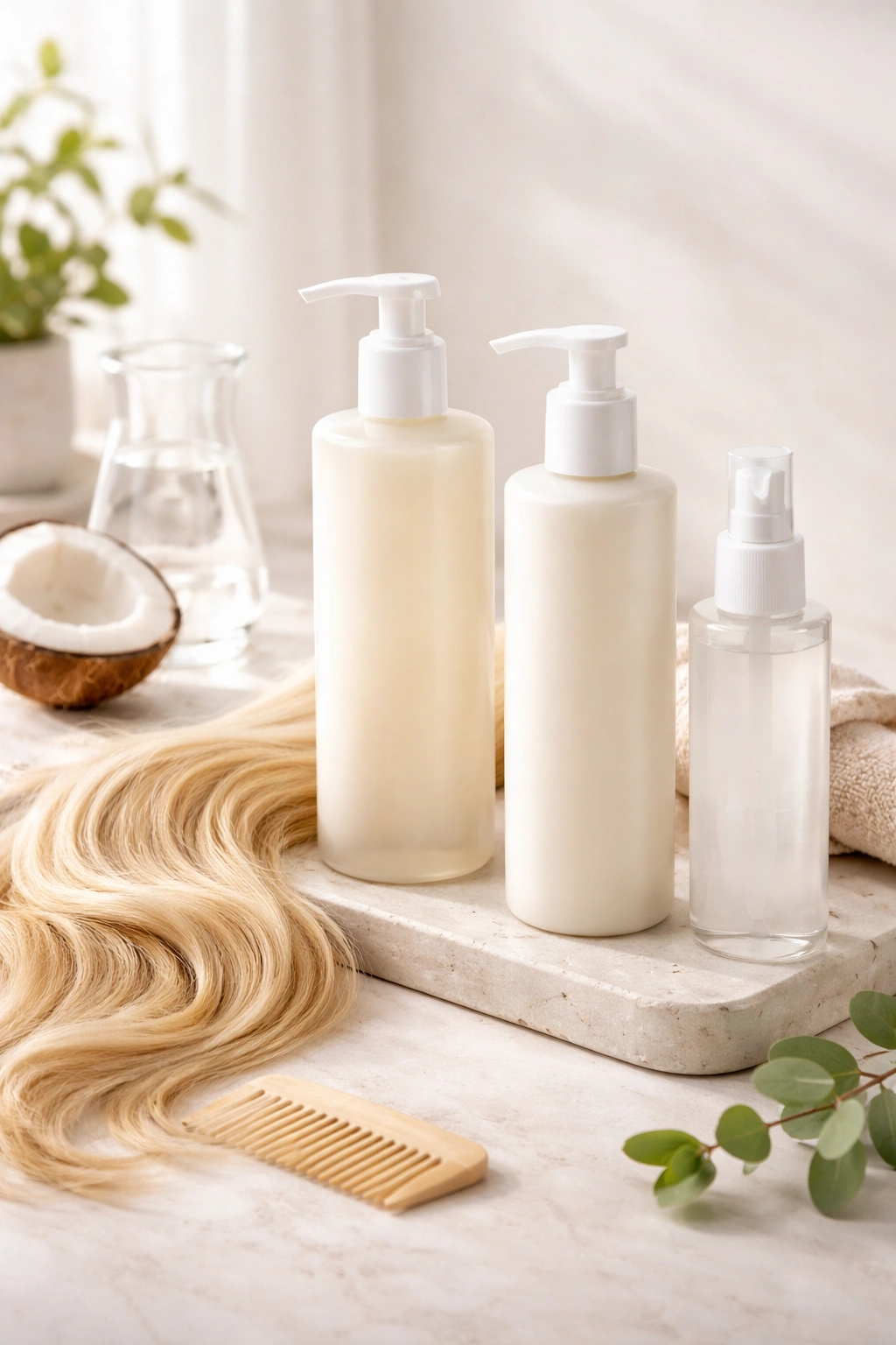 Lineup of unlabeled hair care bottles representing a moisturizing routine