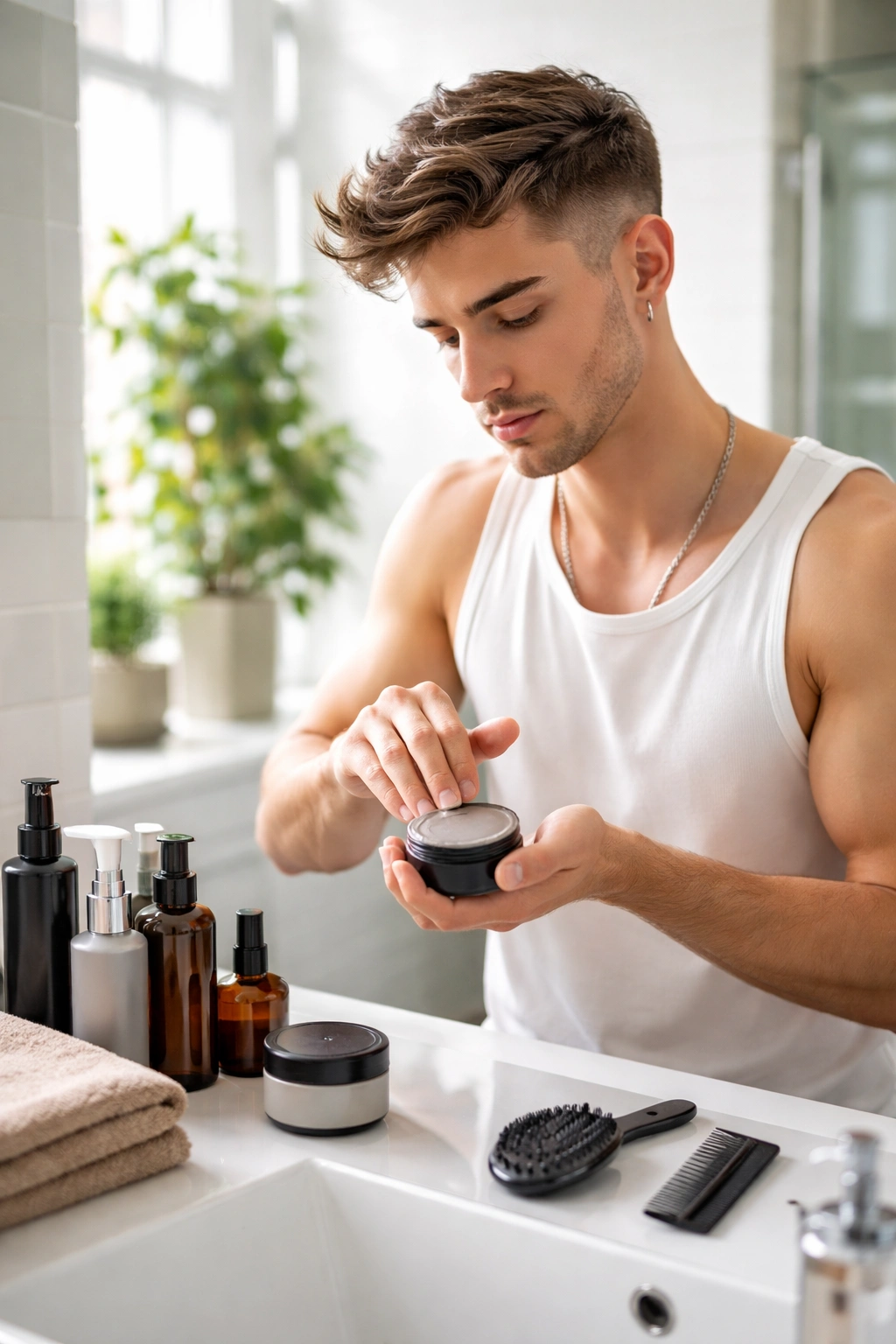 Person applying hair product in a bright bathroom with hair care items visible.