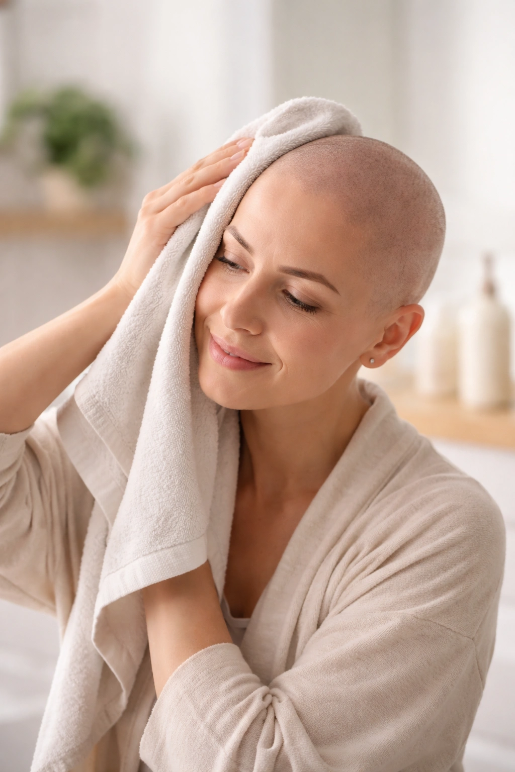 Person patting hair dry with soft towel, illustrating gentle scalp care during treatment