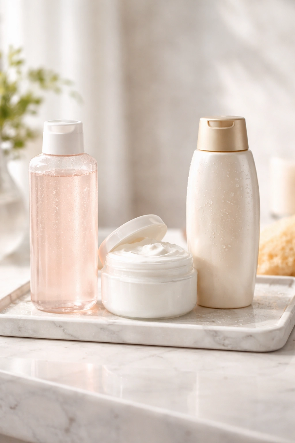 Lineup of three hair care bottles showing shampoo, mask, and conditioner order