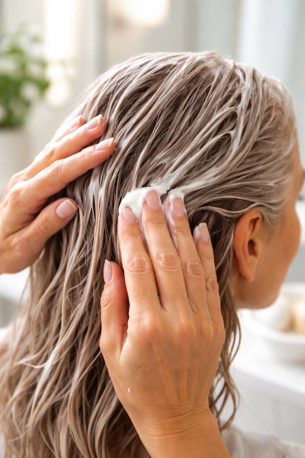 Hands applying hair mask to damp hair in a bright bathroom.