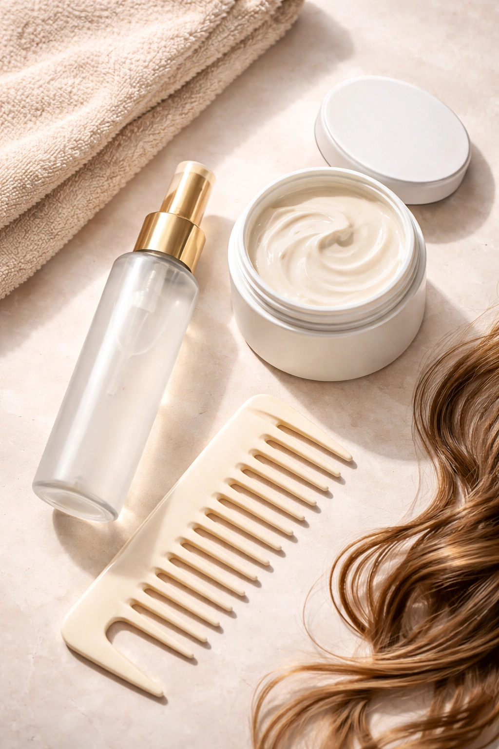 Label-free hair care products and tools arranged for maintenance routine