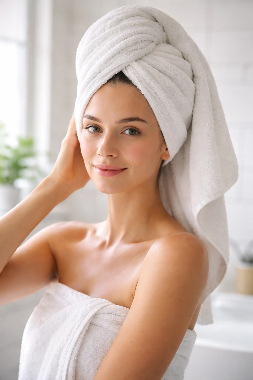 Person with towel wrapped around head after shower, hair tucked under towel