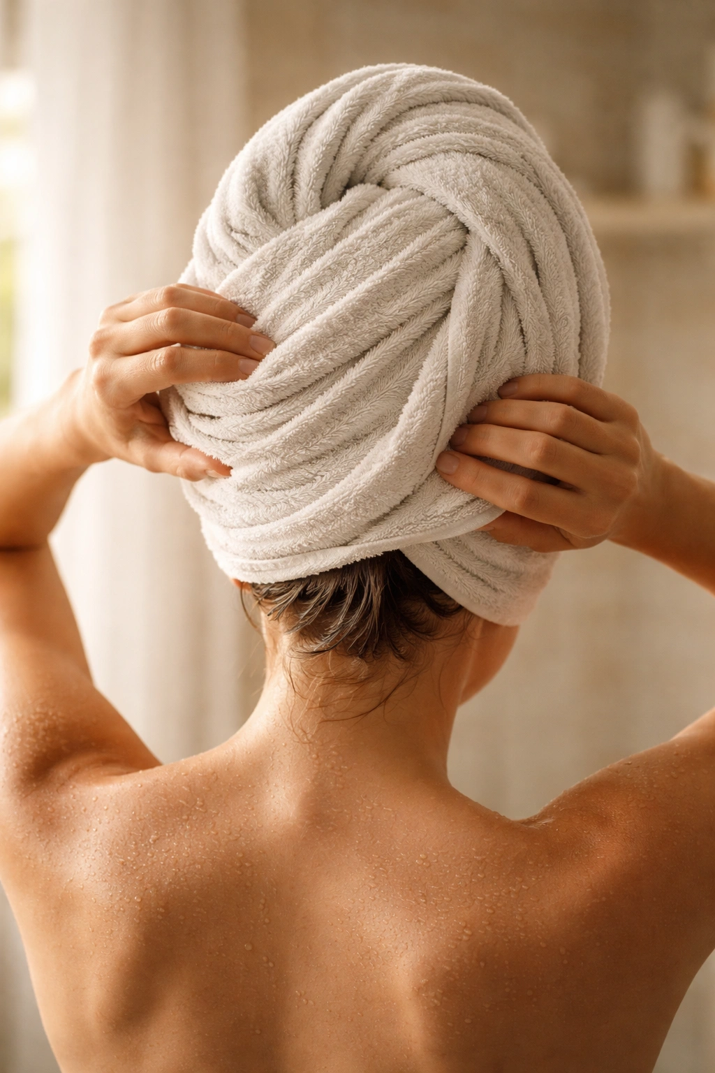 Close-up of a person wrapping a towel around wet hair in a bathroom, hair care routine moment