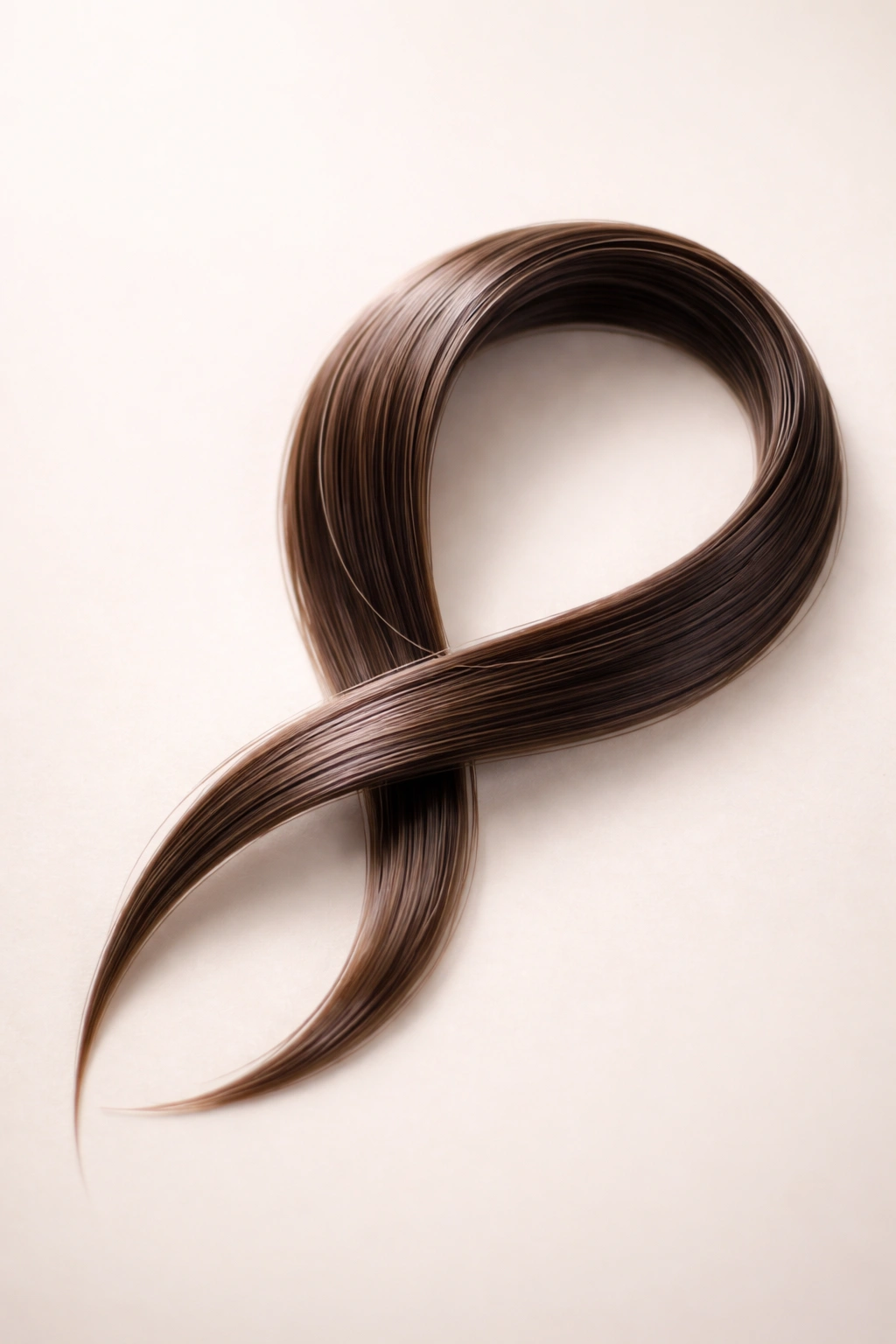 Close-up of a hair strand looped into a neat wrap on a soft background.
