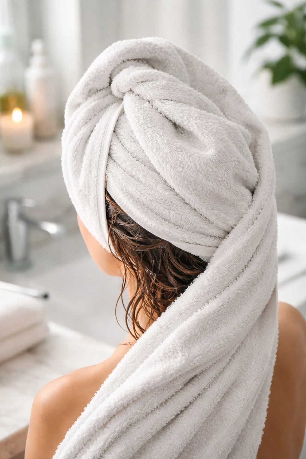 Towel-wrapped hair on a head during hair mask routine, conveying wrapping up