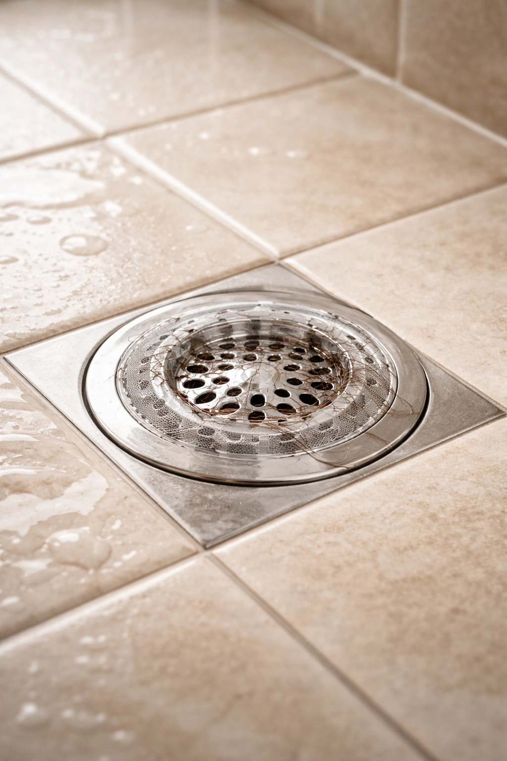 Shower drain with a hair catcher/trap installed over the opening