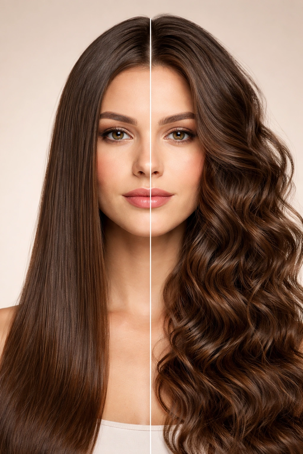Split-face portrait showing straight and wavy hair textures.