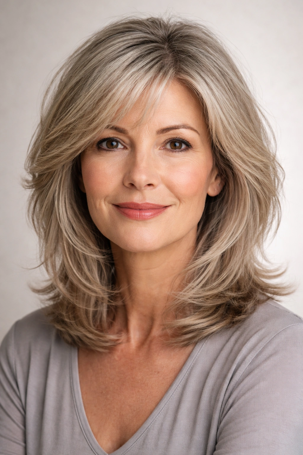 Mature woman with fine hair and subtle thinning at crown, showing aging hair changes.
