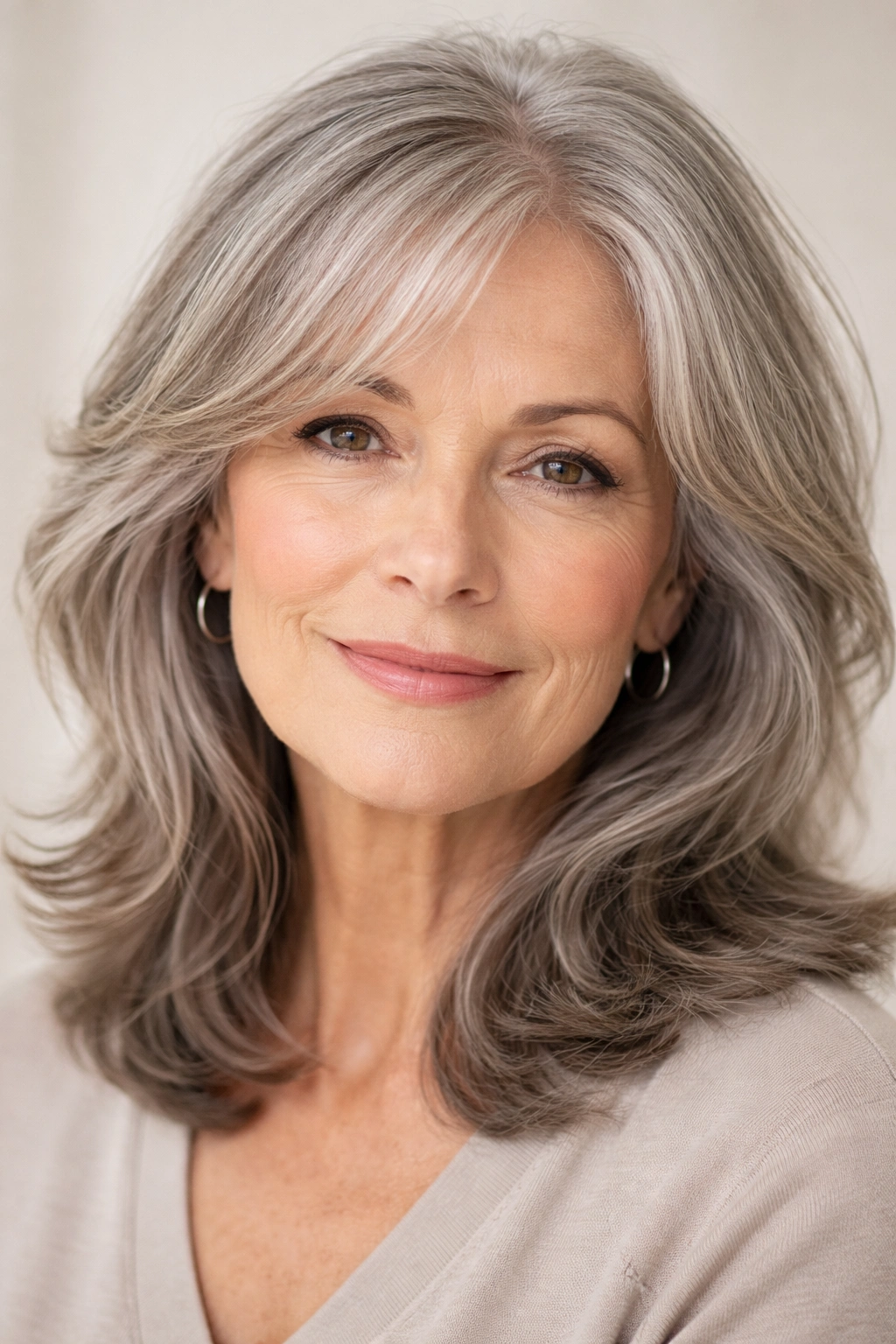 Portrait of a 60s woman showing fine, dry hair and thinning at the crown with gray tones