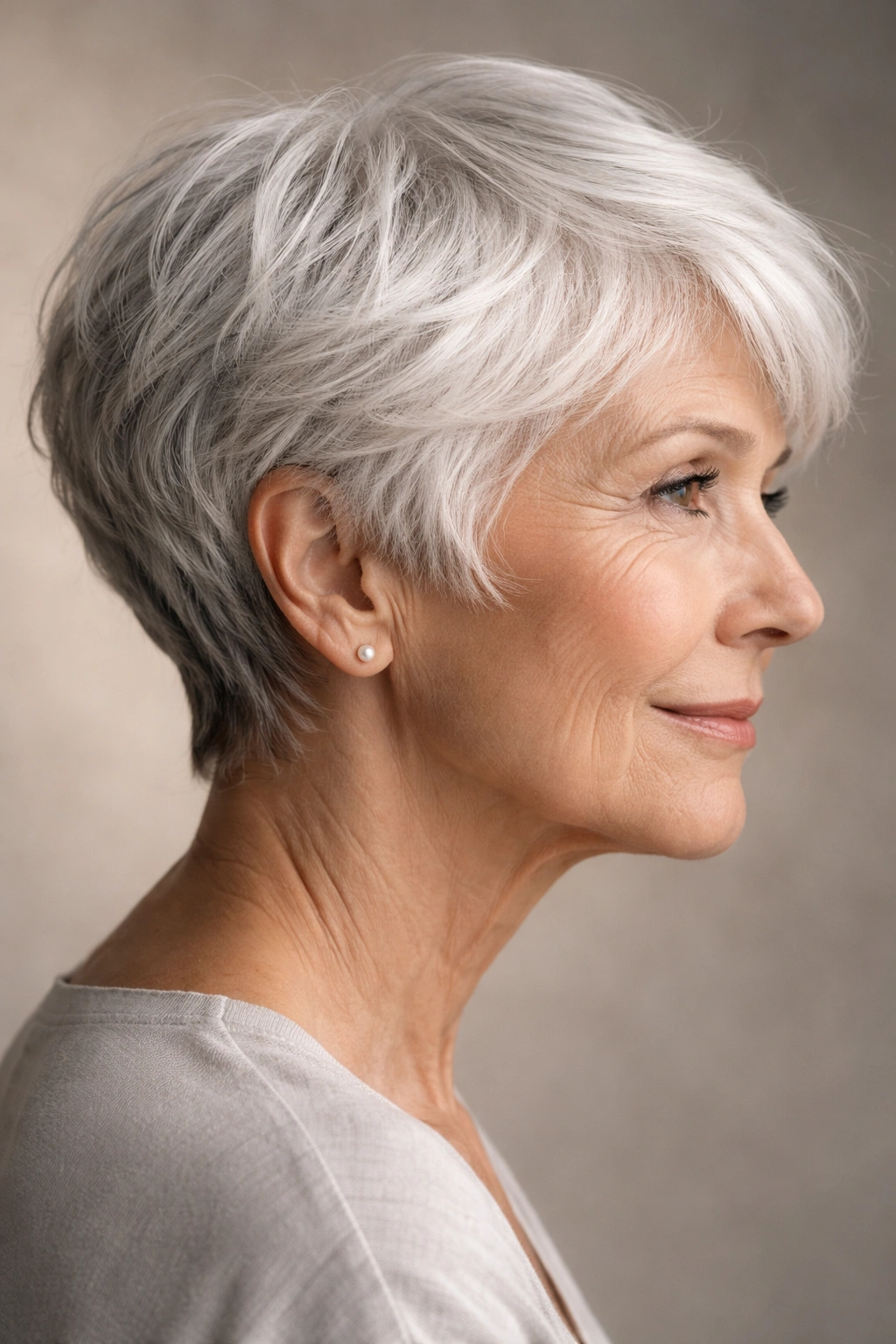 Close-up portrait showing finer hair texture and gray hair in studio.