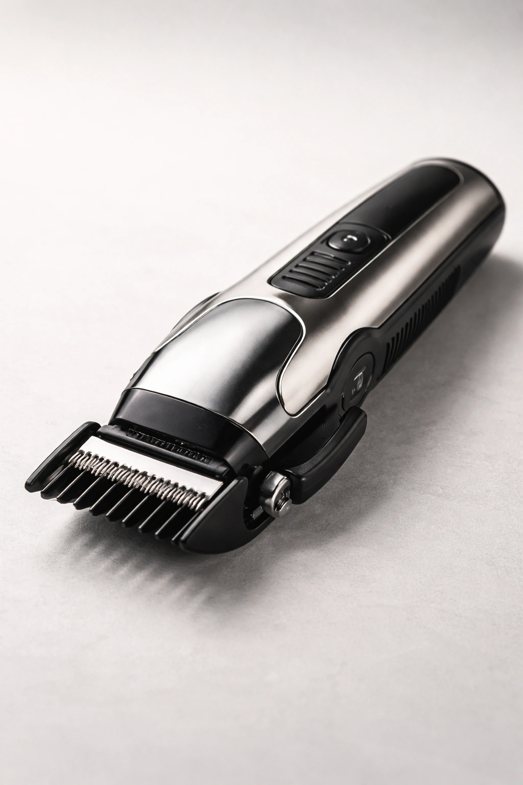 Close-up of a hair clipper with guard attached on a neutral studio surface.